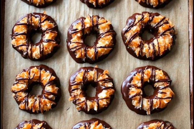Plate of homemade Samoas cookies topped with chocolate and caramel.