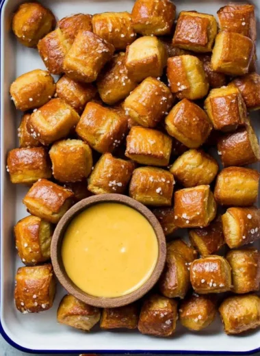 Bowl of homemade soft pretzel bites with dipping sauce on a wooden table