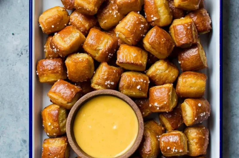 Bowl of homemade soft pretzel bites with dipping sauce on a wooden table