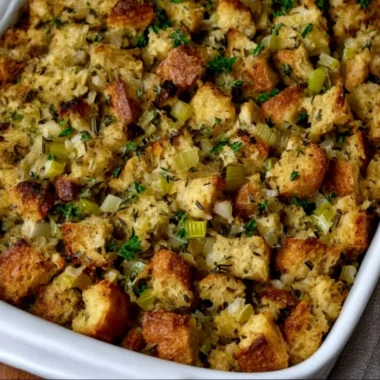Delicious homemade stuffing prepared for a festive meal.