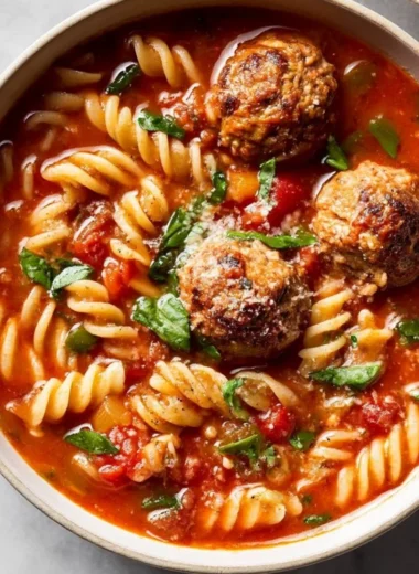 Bowl of Italian meatball soup garnished with herbs and served warm.