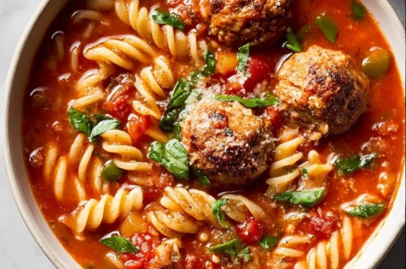 Bowl of Italian meatball soup garnished with herbs and served warm.