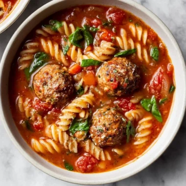 Bowl of Italian meatball soup with herbs and vegetables