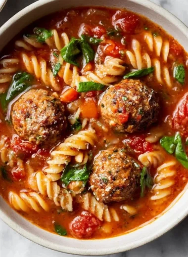 Bowl of Italian meatball soup with herbs and vegetables