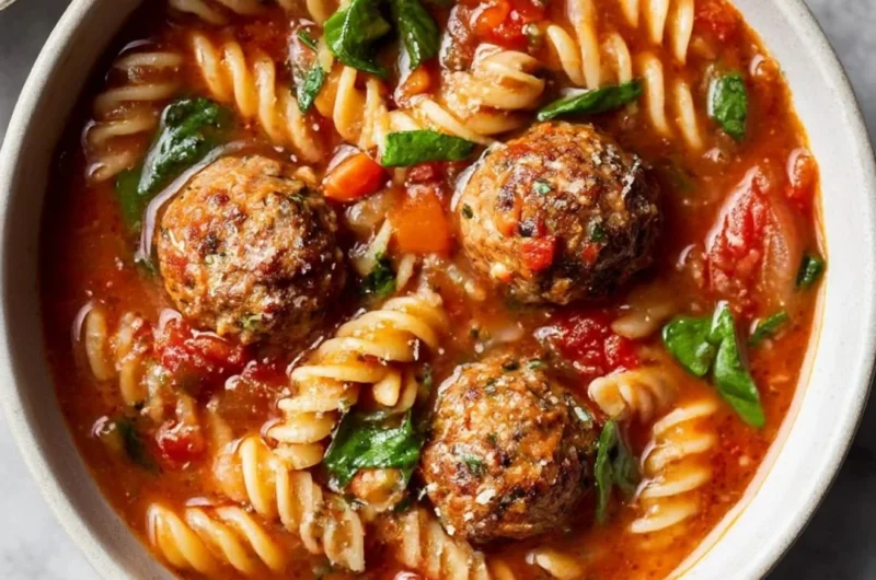 Bowl of Italian meatball soup with herbs and vegetables