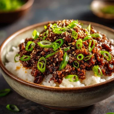 Korean Ground Beef Bowl with seasoned ground beef, vegetables, and rice
