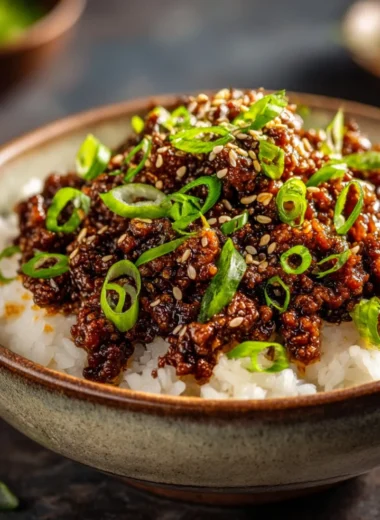 Korean Ground Beef Bowl with seasoned ground beef, vegetables, and rice