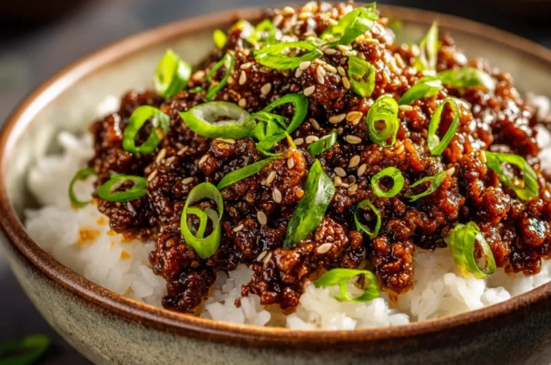 Korean Ground Beef Bowl with seasoned ground beef, vegetables, and rice