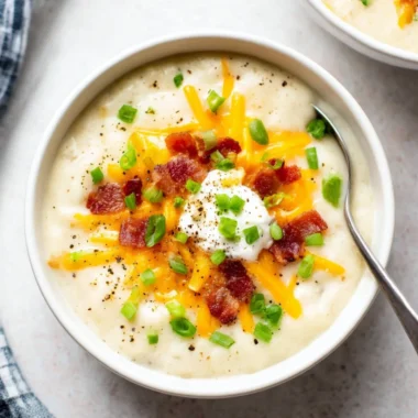 Bowl of loaded potato soup topped with cheese, bacon, and green onions