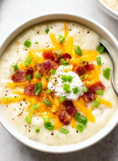 Bowl of loaded potato soup topped with cheese, bacon, and green onions