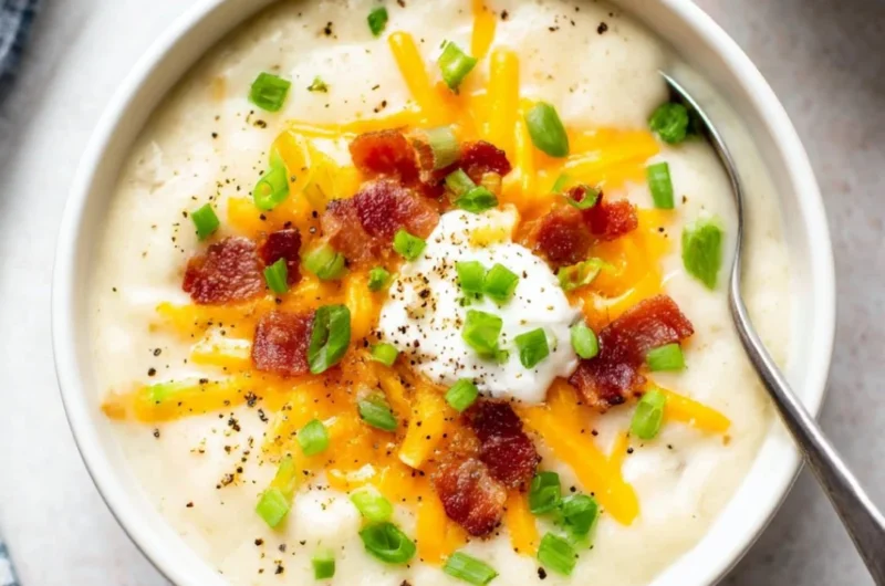 Bowl of loaded potato soup topped with cheese, bacon, and green onions