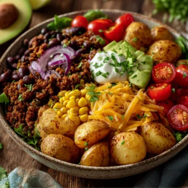 Loaded Potato Taco Bowl topped with fresh ingredients and salsa