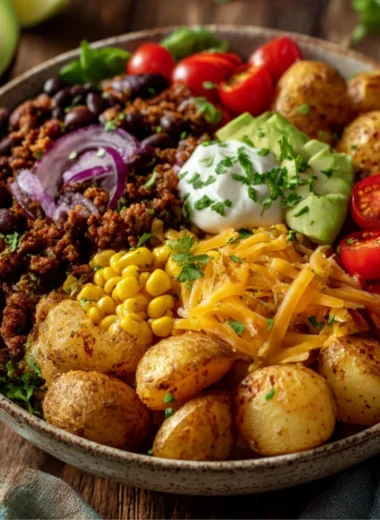 Loaded Potato Taco Bowl topped with fresh ingredients and salsa