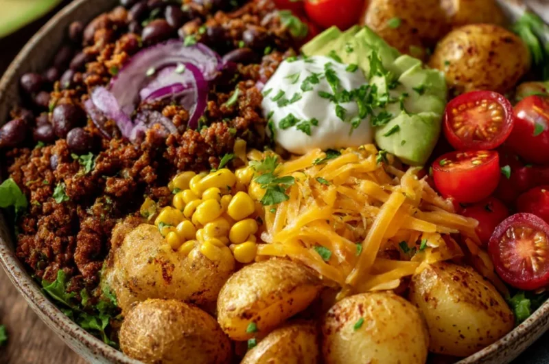 Loaded Potato Taco Bowl topped with fresh ingredients and salsa