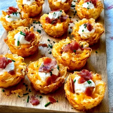 Loaded tater tots appetizers topped with cheese and toppings.