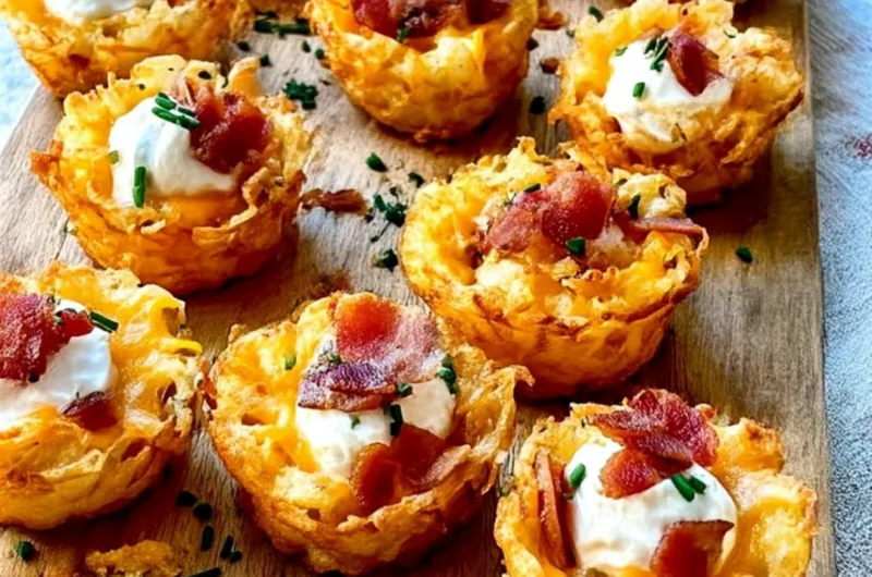 Loaded tater tots appetizers topped with cheese and toppings.