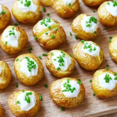 Plate of delicious mini baked potatoes topped with chives and sour cream