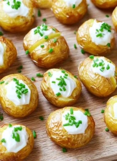 Plate of delicious mini baked potatoes topped with chives and sour cream