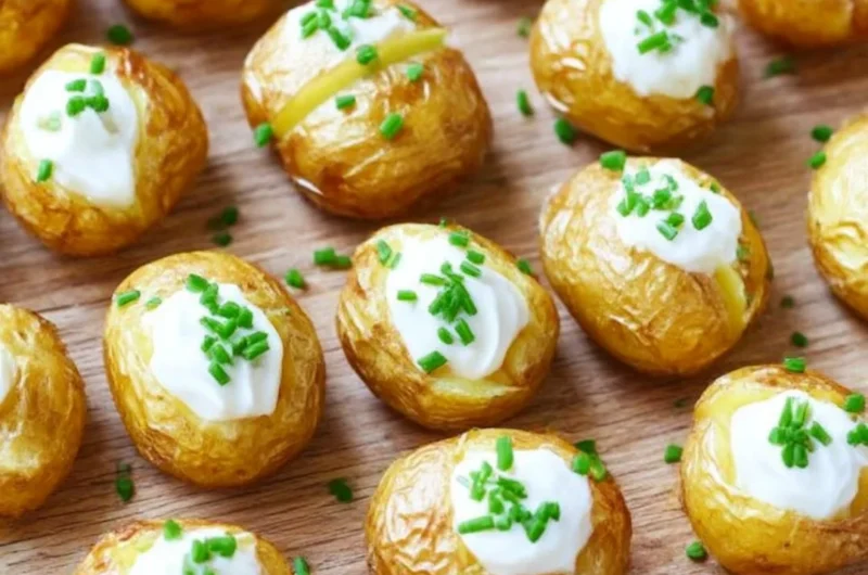 Plate of delicious mini baked potatoes topped with chives and sour cream