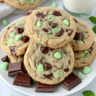 Delicious mint chocolate chip cookies on a plate with a mint garnish.