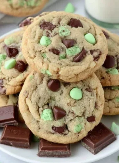 Delicious mint chocolate chip cookies on a plate with a mint garnish.