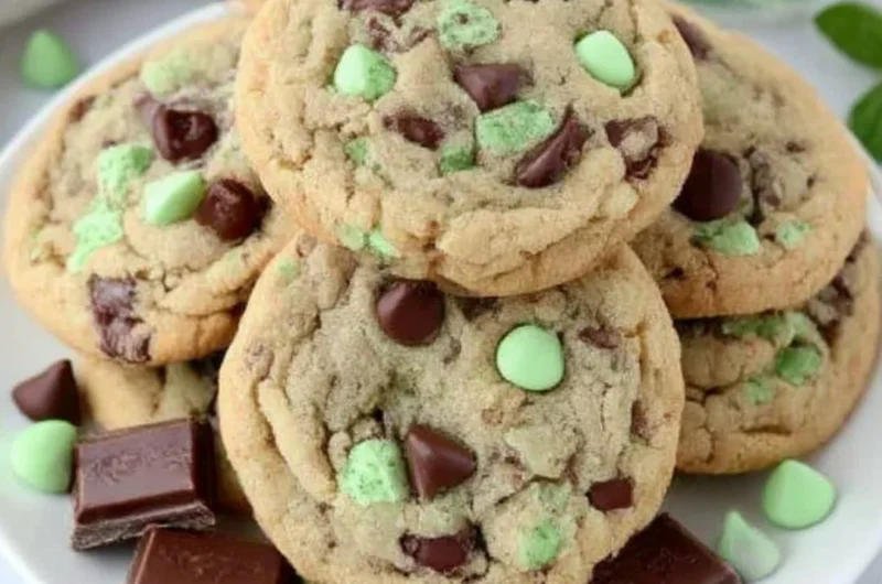 Delicious mint chocolate chip cookies on a plate with a mint garnish.
