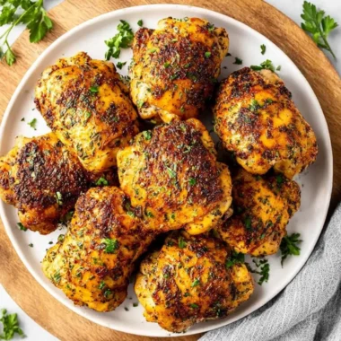 Juicy oven baked chicken thighs garnished with herbs on a dinner plate