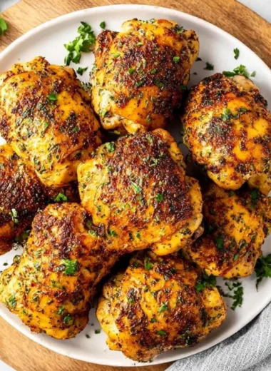 Juicy oven baked chicken thighs garnished with herbs on a dinner plate