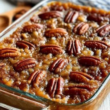 Pecan Pie Dump Cake topped with nuts and caramel sauce, a delicious dessert recipe.