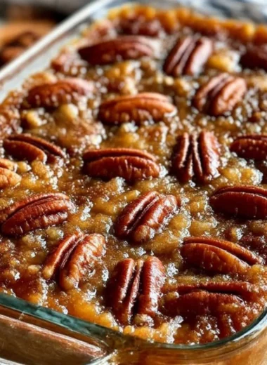 Pecan Pie Dump Cake topped with nuts and caramel sauce, a delicious dessert recipe.