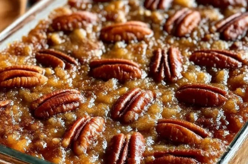Pecan Pie Dump Cake topped with nuts and caramel sauce, a delicious dessert recipe.