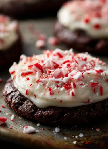 Delicious peppermint bark cookies decorated with crushed candy canes.