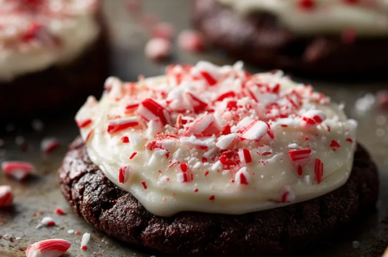 Delicious peppermint bark cookies decorated with crushed candy canes.