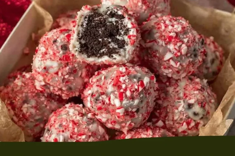 Delicious Peppermint Oreo Balls coated in chocolate and sprinkled with crushed candy canes