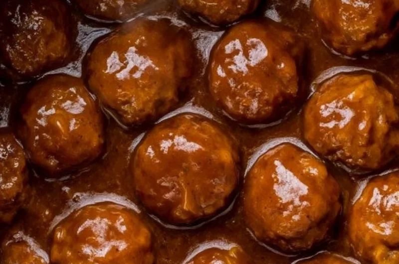 Slow Cooker Salisbury Steak Meatballs served with gravy on a plate
