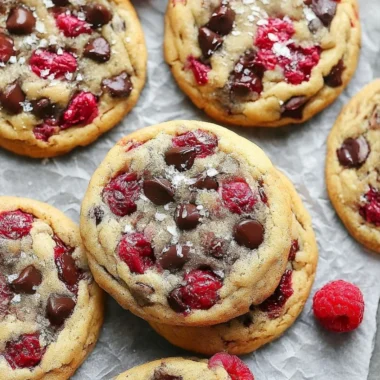 Freshly baked Raspberry Chocolate Chip Cookies with chocolate chips and raspberries.