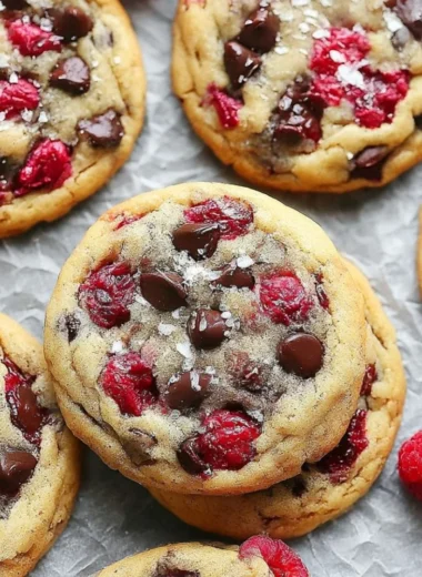 Freshly baked Raspberry Chocolate Chip Cookies with chocolate chips and raspberries.