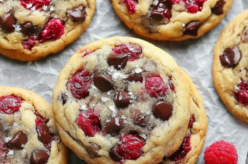 Freshly baked Raspberry Chocolate Chip Cookies with chocolate chips and raspberries.