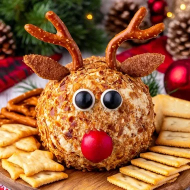 Delicious Reindeer Cheese Ball decorated for the holiday season