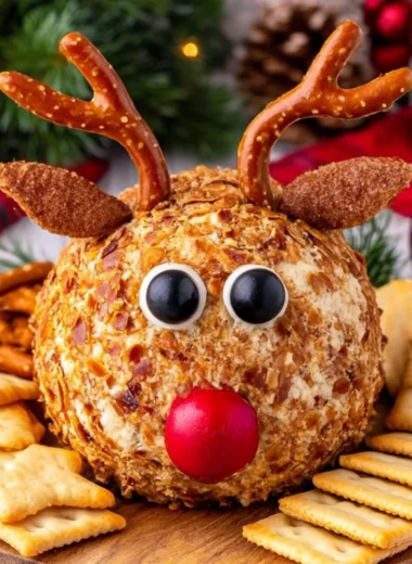 Delicious Reindeer Cheese Ball decorated for the holiday season