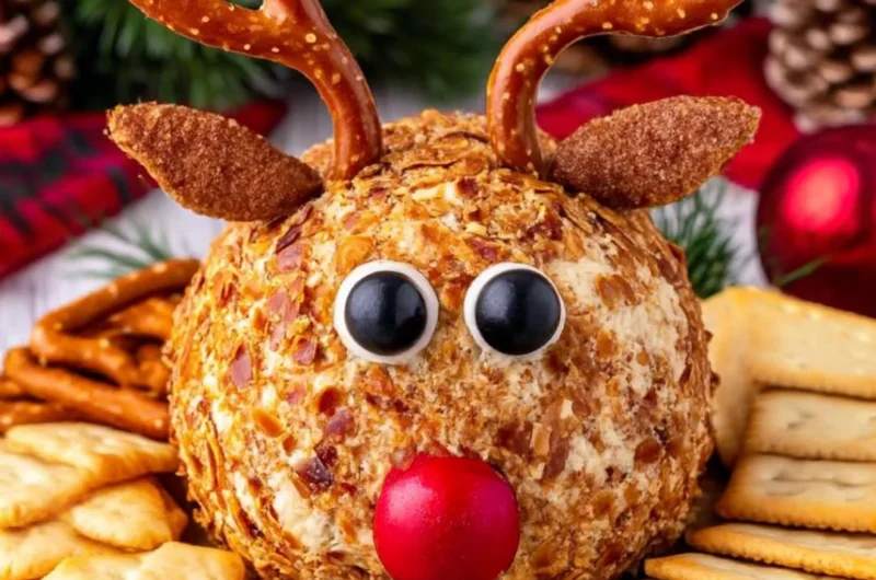 Delicious Reindeer Cheese Ball decorated for the holiday season