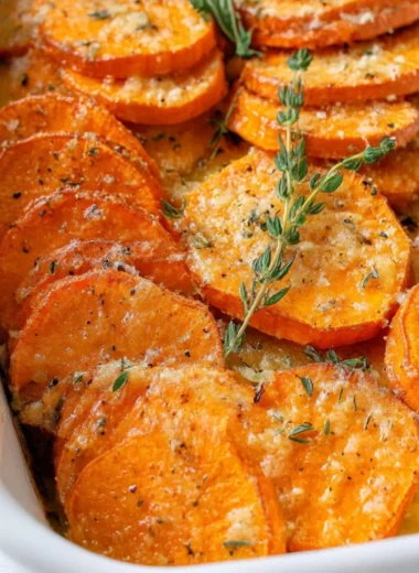Delicious roasted sweet potatoes served on a wooden plate