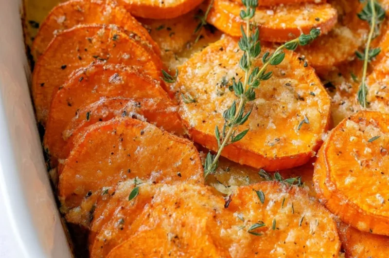 Delicious roasted sweet potatoes served on a wooden plate