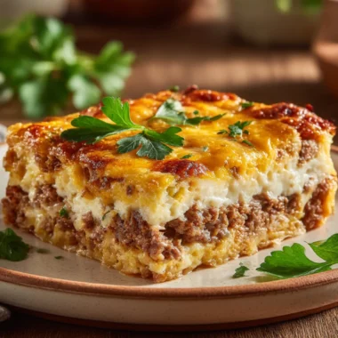 Delicious Sausage and Egg Casserole baked with vegetables and cheese.