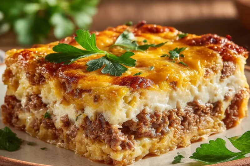 Delicious Sausage and Egg Casserole baked with vegetables and cheese.