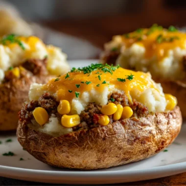 Delicious Shepherd's Pie Baked Potato topped with savory meat and vegetables