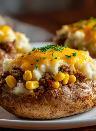 Delicious Shepherd's Pie Baked Potato topped with savory meat and vegetables