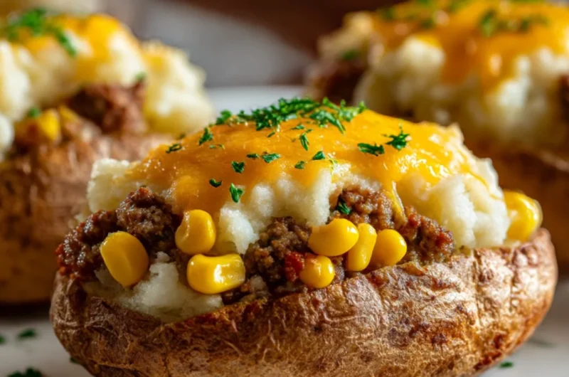Delicious Shepherd's Pie Baked Potato topped with savory meat and vegetables
