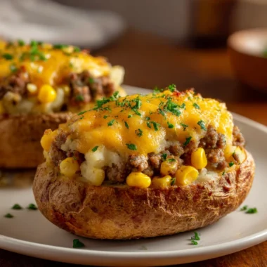 Delicious shepherd's pie baked potato topped with creamy mashed potatoes and savory filling.