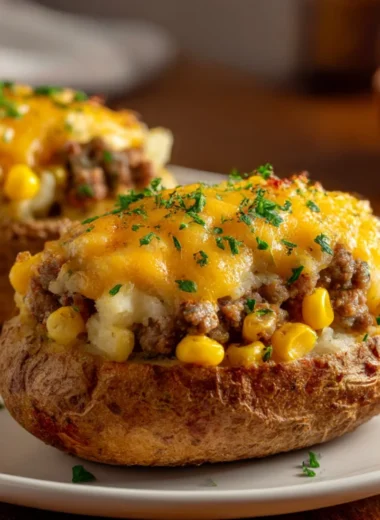 Delicious shepherd's pie baked potato topped with creamy mashed potatoes and savory filling.